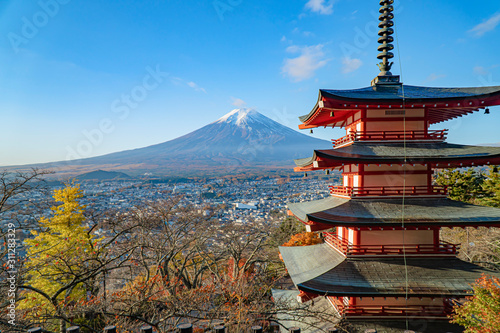 Mt. Fuji viewed from behind Five Storied Pagoda “Chureito” at Fujiyoshida city Yamanashi pref Japan. photo
