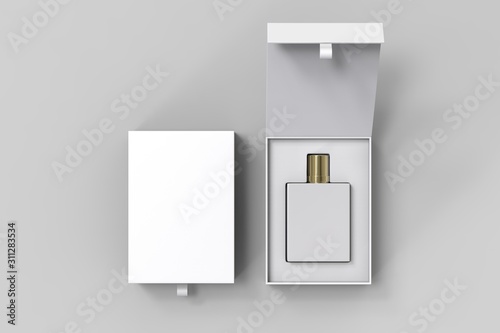 Blank perfume bottle in hard box for branding, 3d render illustration.