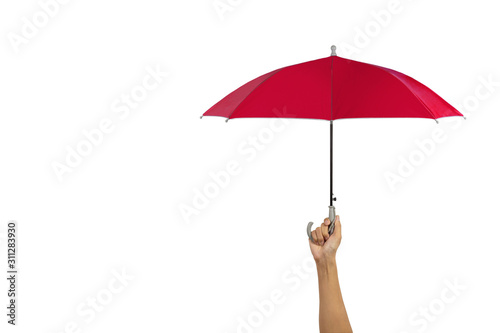 Hand holding Red umbrella isolated on white background