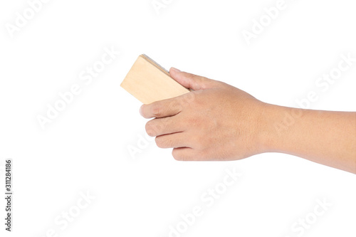 ็Hand holding Whiteboard eraser isolated on white background