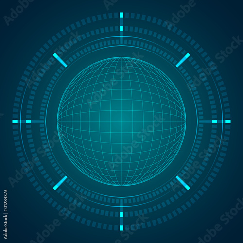 HUD sphere grid with 3 degree indicator on blue dark background digital screen.