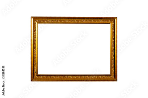 Single golden wooden frame isolated on white background