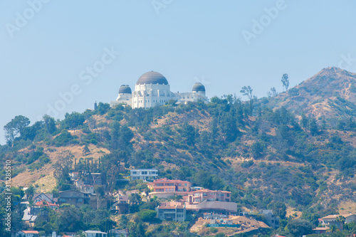 Griffith Observatory was built on 1933 with Greek Revival style on Griffith Park, Los Angeles, California CA, USA.