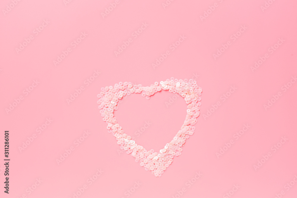 Valentine's day background with pink hearth. Flat lay, top view, mockup, template, copy space. Minimal abstract composition for 14 February celebration