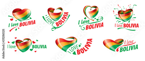 The national flag of the Bolivia and the inscription I love Bolivia. Vector illustration