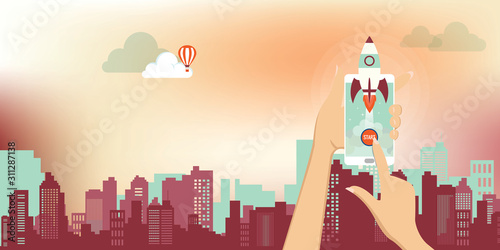 Startup business design concept with rocket
