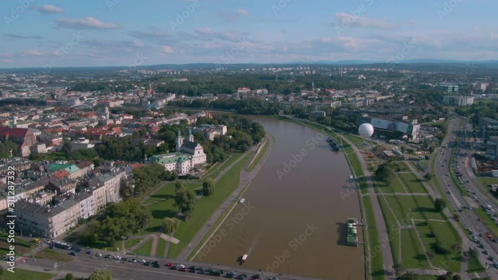 Circling drone shot of bridge over Vistula river in Krakow Circling drone shot of bridge over Vistula river in Krakow