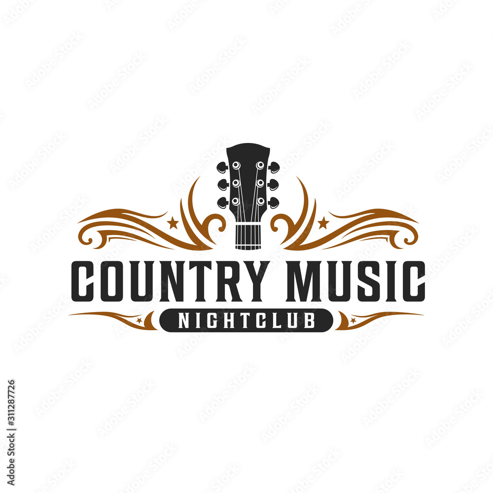 Fototapeta Klasyczna muzyka country, gitara vintage retro logo