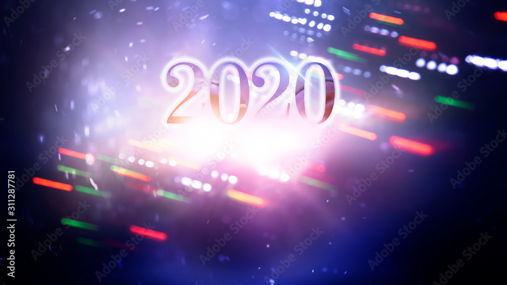 new year 2020. Magic energy emanating from women's hands. Dark background with bokeh and a flash of light