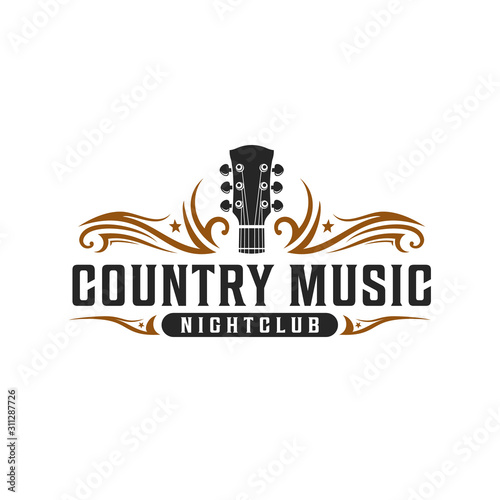 Classic country music, guitar vintage retro logo design photo