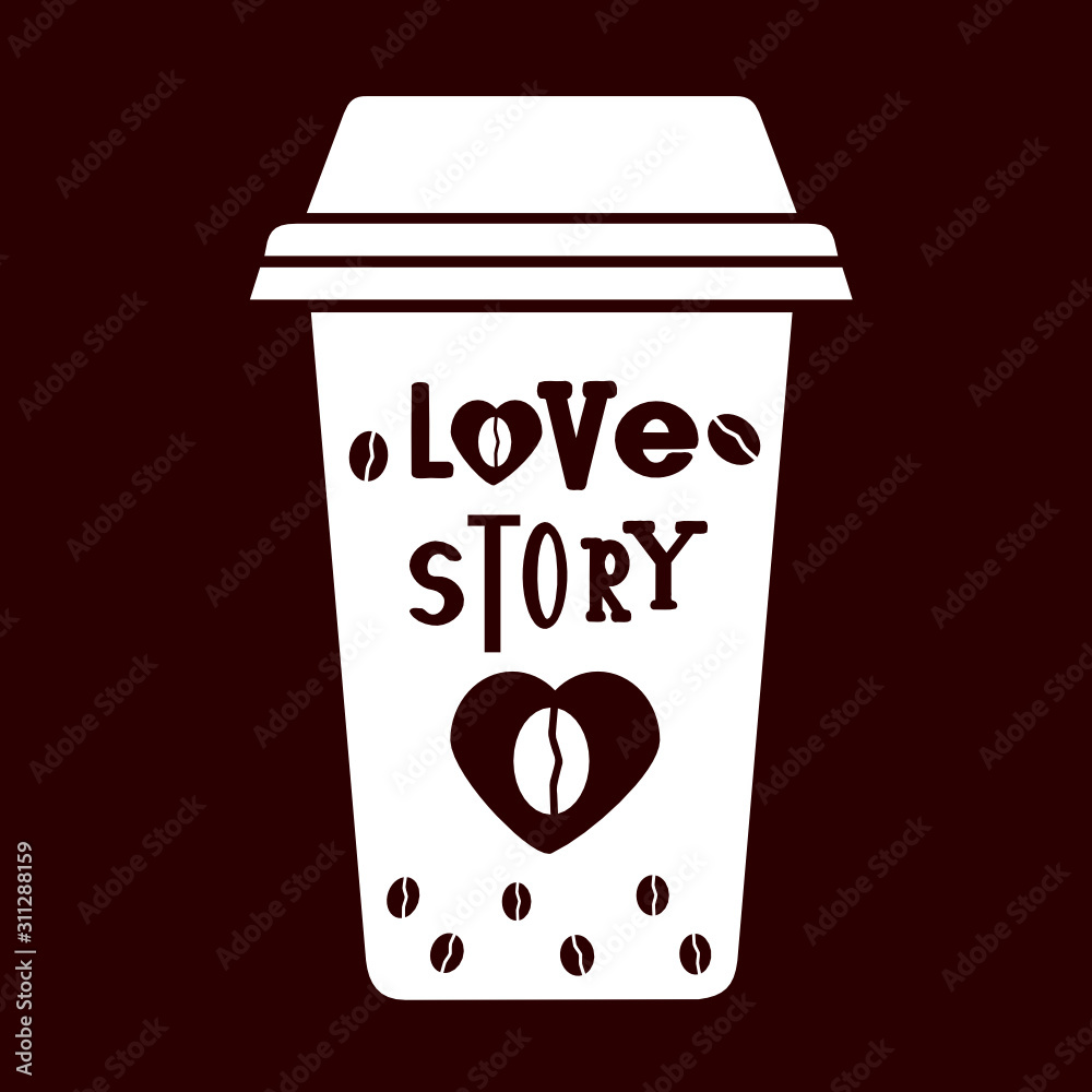 A coffee paper cup with a plastic lid, color vector illustration drawn by hand in brown color with inscription Love story