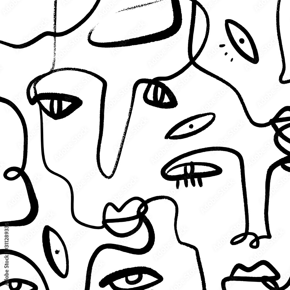 Fototapeta Abstract Fashion Artistic Portrait Painted Illustration Of People Faces Silhouette Group Pattern One Line Drawing Abstraction Modern Aesthetic Print Minimalism Interior Contour Handdrawn Lineart Conti