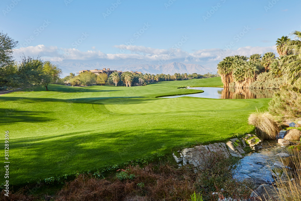 Green grass beautifully mowed with palm trees, mountains, and stream running through it