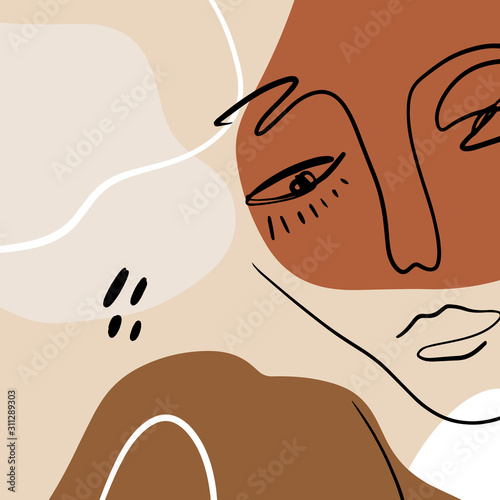 Abstract Warm Terracotta Nude Color Shapes Interior Poster Fashion Artistic Portrait Painted Illustration Face Silhouette Line Drawing Abstraction Modern Aesthetic Print Minimalism Contour Handdrawn L