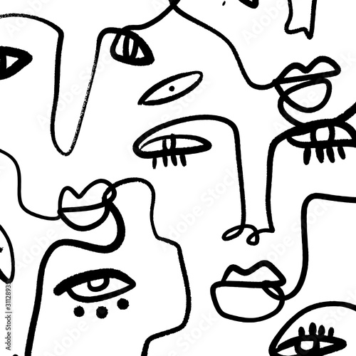 Abstract Fashion Artistic Portrait Painted Illustration Of People Faces Silhouette Group Pattern One Line Drawing Abstraction Modern Aesthetic Print Minimalism Interior Contour Handdrawn Lineart Conti