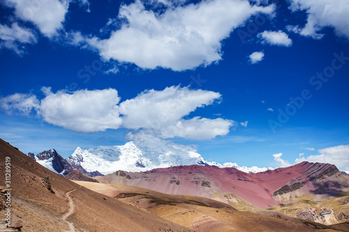 View of the glacier near the rainbow Mountains Of Peru. Peruvian Andes.