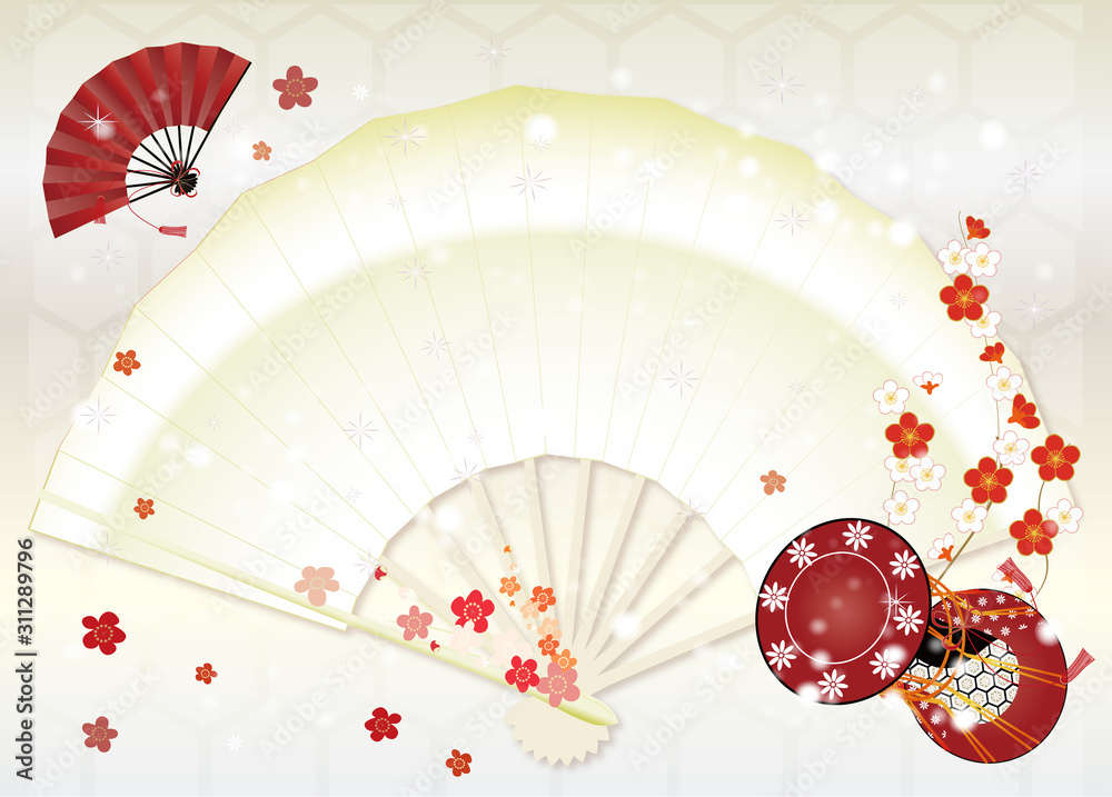 梅の花と鼓と雪や冬の花のイラストメッセージボードシルバー背景素材 Stock Illustration Adobe Stock