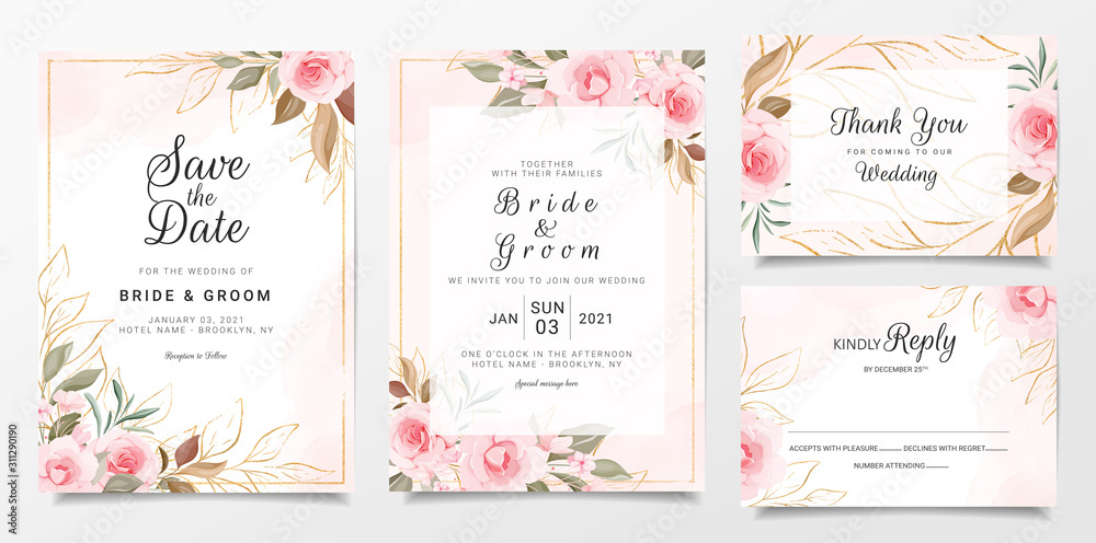 Wedding invitation card template set with floral decoration. Red and peach roses flowers illustration for save the date, invitation, greeting card, poster vector