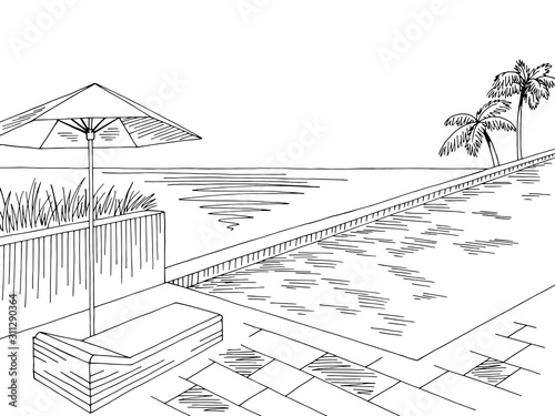 Swimming pool balcony graphic black white landscape sketch illustration vector