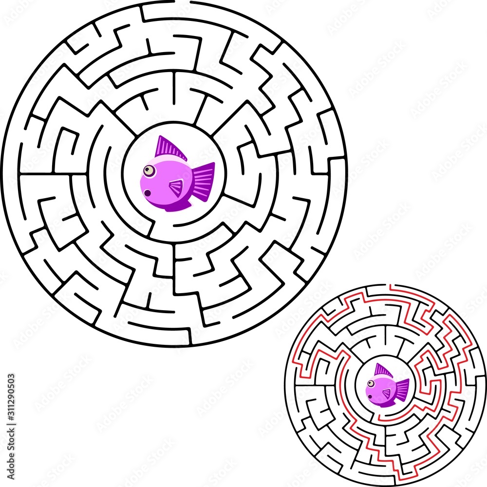 Cute fish educational maze. Vector illustration of labyrinth educational game with cute cartoon fish for children - with solution - Help fish get back to the aquarium Cute fish educational maze. Vector illustration of labyrinth educational game with cute cartoon fish for children - with solution - Help fish get back to the aquarium