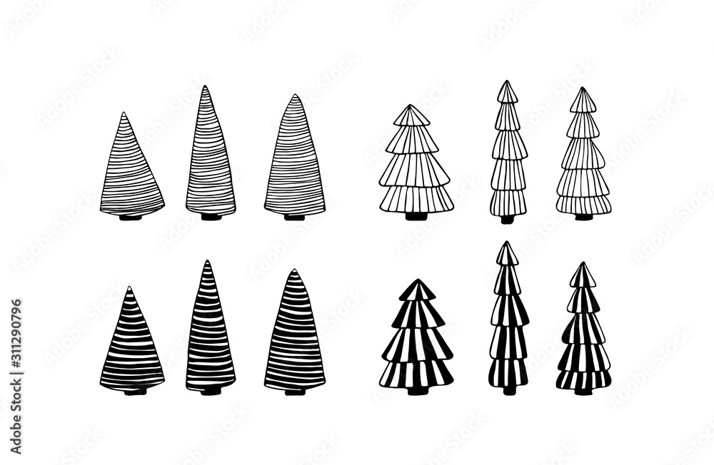 Fir tree line drawing set. Hand drawn Christmas trees collection isolated on white.
