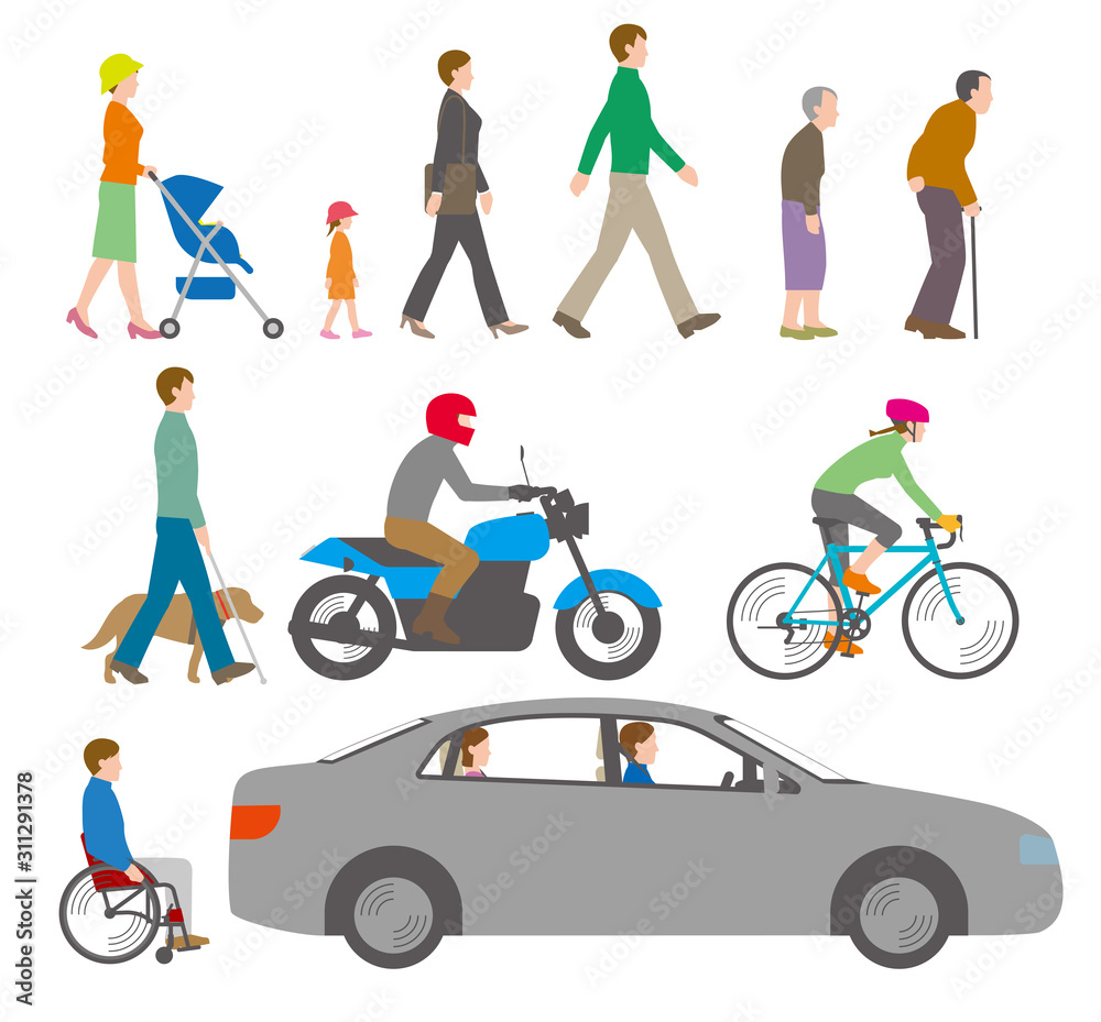 人、自転車、自動車を側面から見たイラスト 人、自転車、自動車を側面から見たイラスト