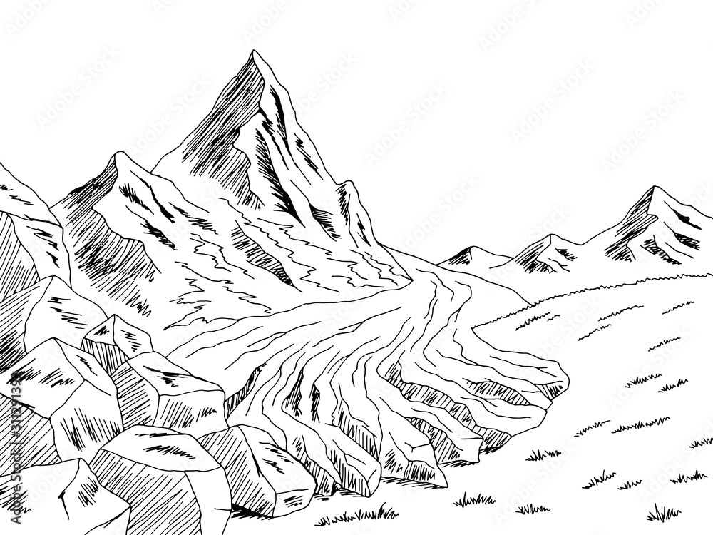 Vecteur Stock Glacier mountains hill graphic black white landscape sketch  illustration vector | Adobe Stock