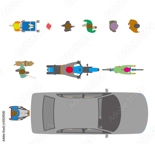 人、自転車、自動車を上から見たイラスト