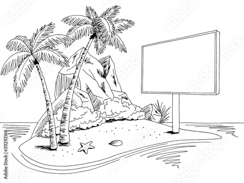 Island billboard graphic black white landscape sketch illustration vector