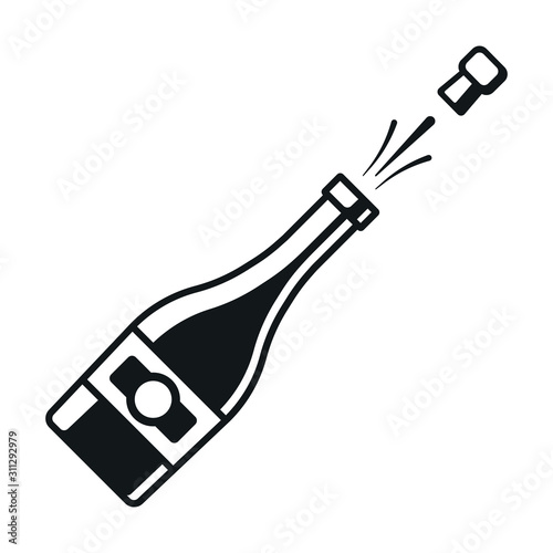 Opening champagne bottle. Vector icon