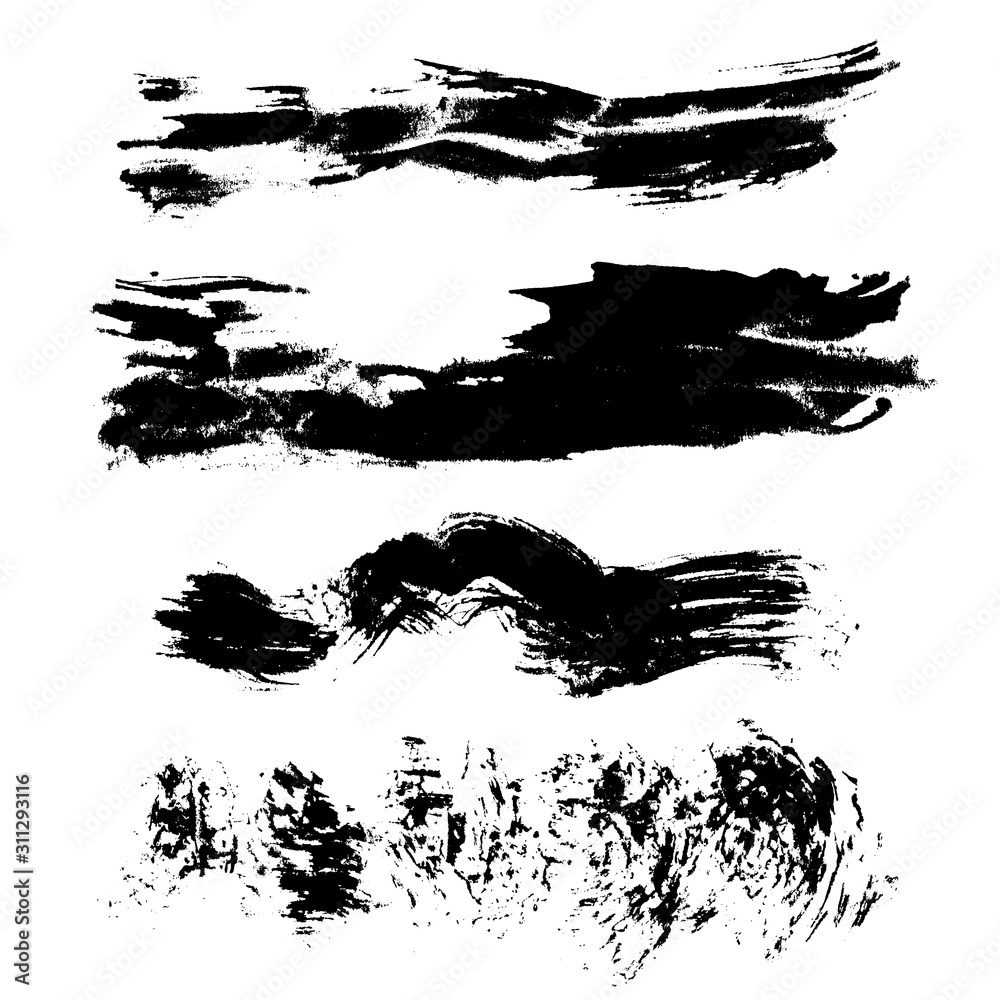 Black trace of paint on a white background. Set of art brushes. Vector image of black hand drawn lines.