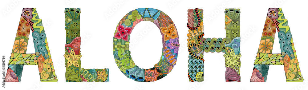 Word ALOHA. Vector zentangle object for decoration - obrazy, fototapety, plakaty 