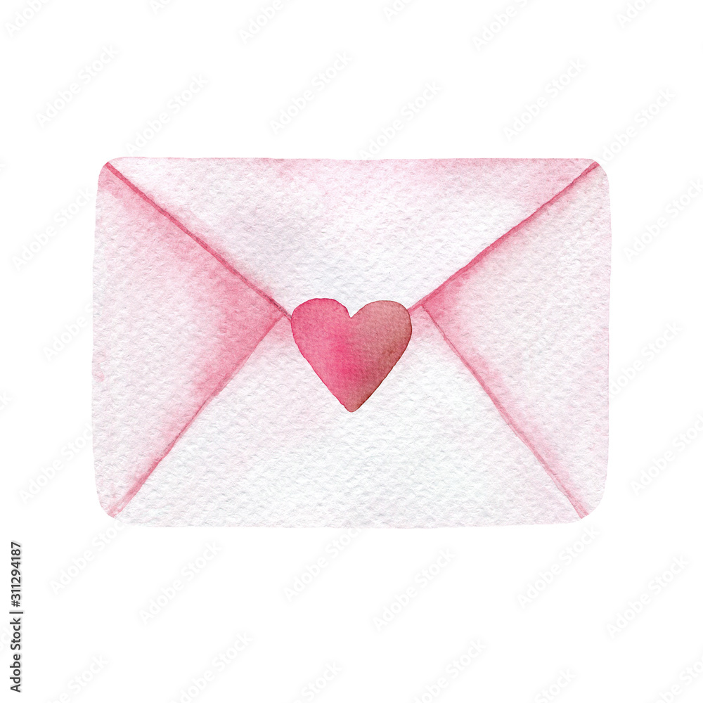 Pink love letter, isolated on a white background. Hand-drawn watercolor envelope. Valentine/s Day illustration Pink love letter, isolated on a white background. Hand-drawn watercolor envelope. Valentine/s Day illustration