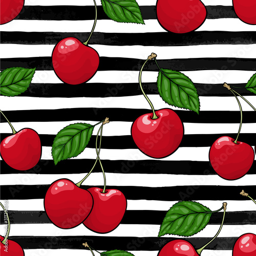seamless pattern red cherry with leaf on black and white watercolor stripes. design holiday greeting card and invitation of seasonal summer holidays, beach parties, tourism and travel