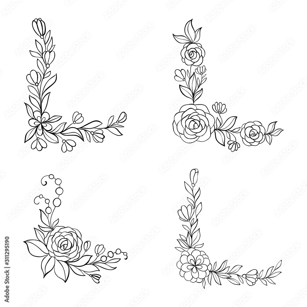 Set of black and white hand drawn corner floral borders. design for holiday greeting  card and invitation of baby shower, birthday, wedding, Happy Valentine s  day, and mother s day. Stock Vector