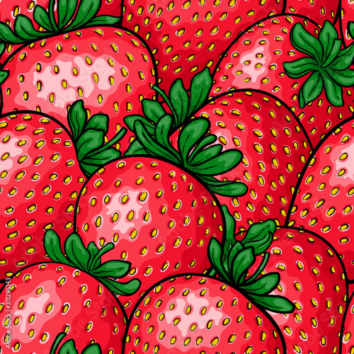 seamless pattern red strawberry with black contour, symbol of summer. design holiday greeting card and invitation of seasonal summer holidays, beach parties, tourism and travel