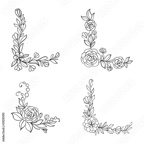 Set of black and white hand drawn corner floral borders. design for holiday greeting card and invitation of baby shower, birthday, wedding, Happy Valentine s day, and mother s day.