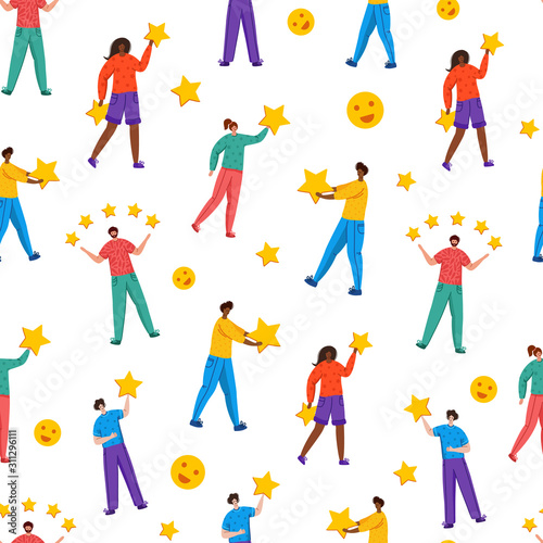 People with stars - Client feedback or review seamles pattern, online service evaluation, happy customers and their feedback, flat modern people and rating stars, smiles, likes, men and women, Vector