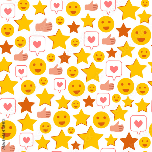 Rating stars, likes, happy smiles, thumb - Client feedback or review seamles pattern, online service evaluation, customers feedback concept, flat funny objects on white background, Vector pattern