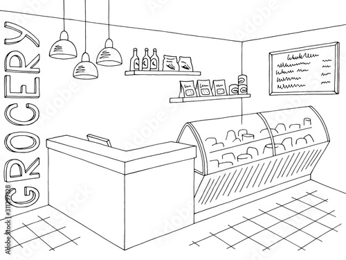 Grocery store shop interior black white graphic sketch illustration vector