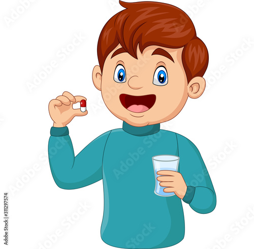 Cartoon boy holding a pill and a glass of water