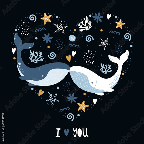 Cute whales and nautical elements in the shape of a heart