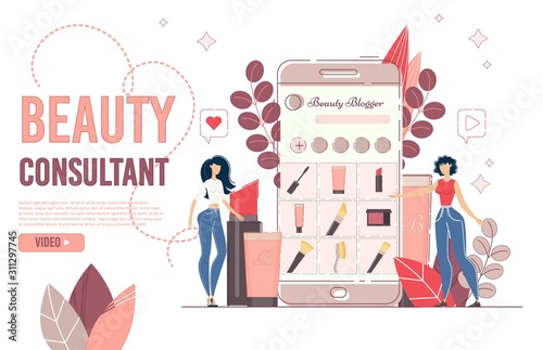 Landing Page for Beauty Online Blogging Consultation. Fashion and Cosmetics Review. Young Social Media Network Blogger Giving Advice to Customer, Telling about Makeup Cosmetics Trends. Video Tutorials