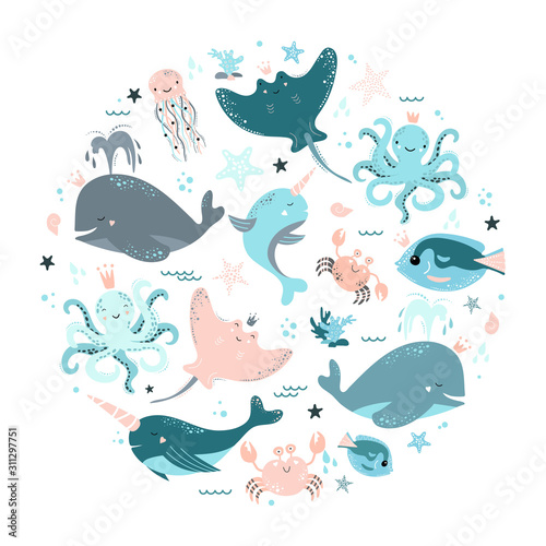 Set of sea animals.
