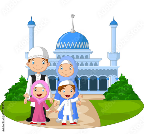 Cartoon happy Muslim family in front of mosque