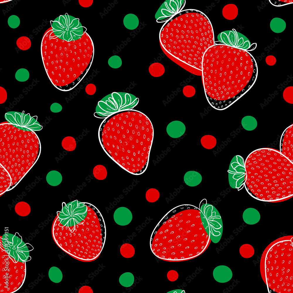 Beautiful seamless pattern cartoon black and white outline strawberry, red and green dots. design holiday greeting card and invitation of seasonal summer holidays, beach parties, tourism and travel