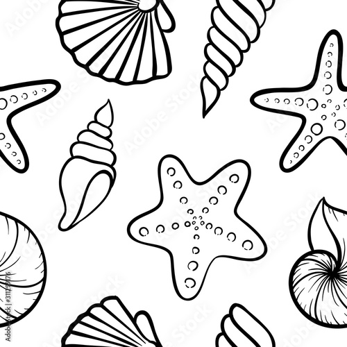 Black and white Seashell seamless pattern. design for holiday greeting card and invitation of seasonal summer holidays, summer beach parties, tourism and travel