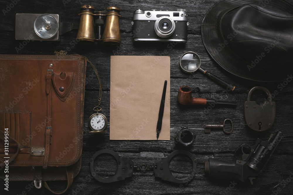 Detective agent table flat lay background. Top secret document mock up. Investigation tips template. Detective agent table flat lay background. Top secret document mock up. Investigation tips template.