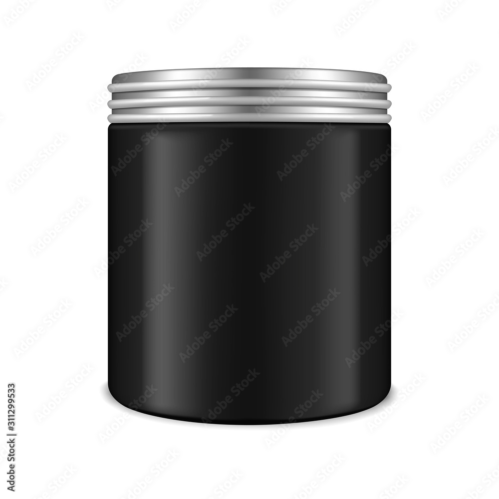 Black cylinder jar with metal lid isolated on white background, realistic mockup. Round cosmetic container with screw cap, template. Beauty product for men packaging, vector mock-up Black cylinder jar with metal lid isolated on white background, realistic mockup. Round cosmetic container with screw cap, template. Beauty product for men packaging, vector mock-up