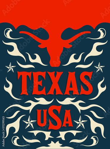 Texas Western Style Design, Longhorn Bull American Theme illustration.